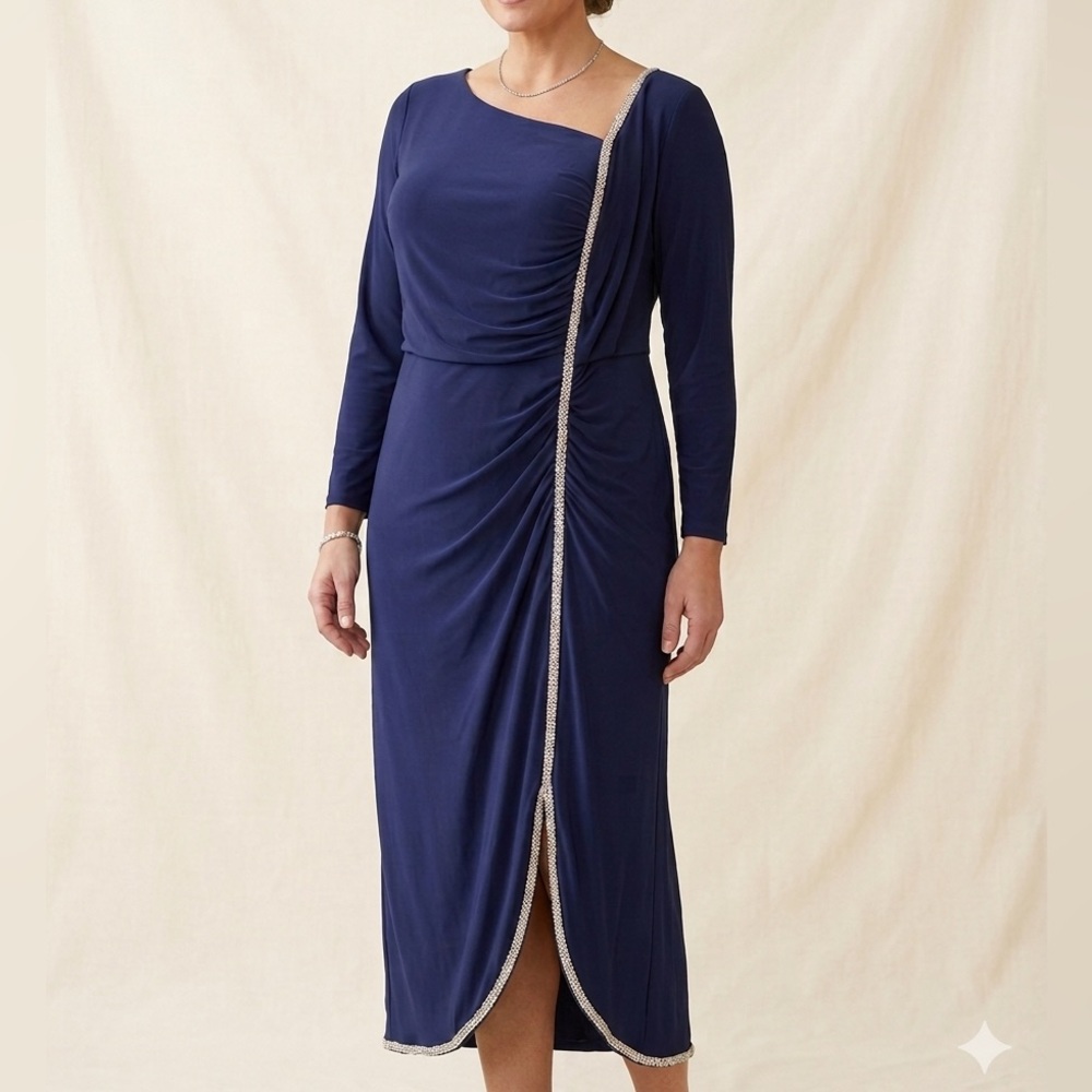 New Navy Blue Evening Gown - Rhinestone Trim & Draped Front - 16W